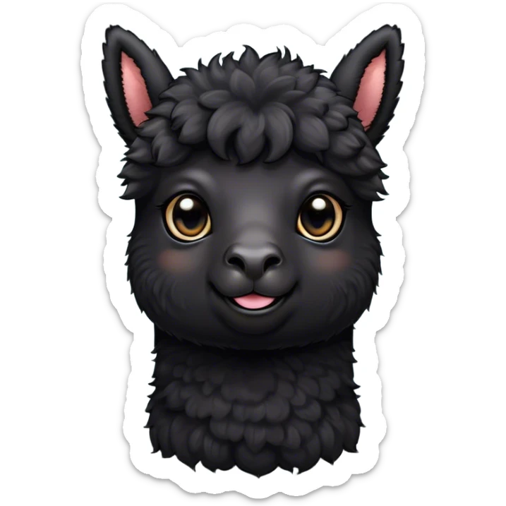 Cinematic Cute Black Alpaca Portrait Emoji, Head tilted playfully and inquisitively, featuring a plush, shiny jet-black fleece with a lustrous sheen, round, sparkling dark eyes filled with curiosity, Simplified yet irresistibly adorable features, highly detailed, glowing with a warm, friendly glow, high shine, affectionate and gentle, stylized with a touch of whimsy, bright and endearing, soft glowing outline, capturing the essence of a mischievous yet loving alpaca, so playful it feels like it could prance out of the screen and into your arms! sticker