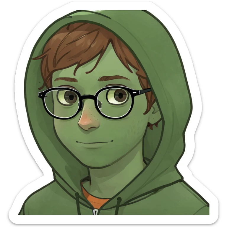 ginger boy with glasses and freckles with brown eyes and hoodie sticker