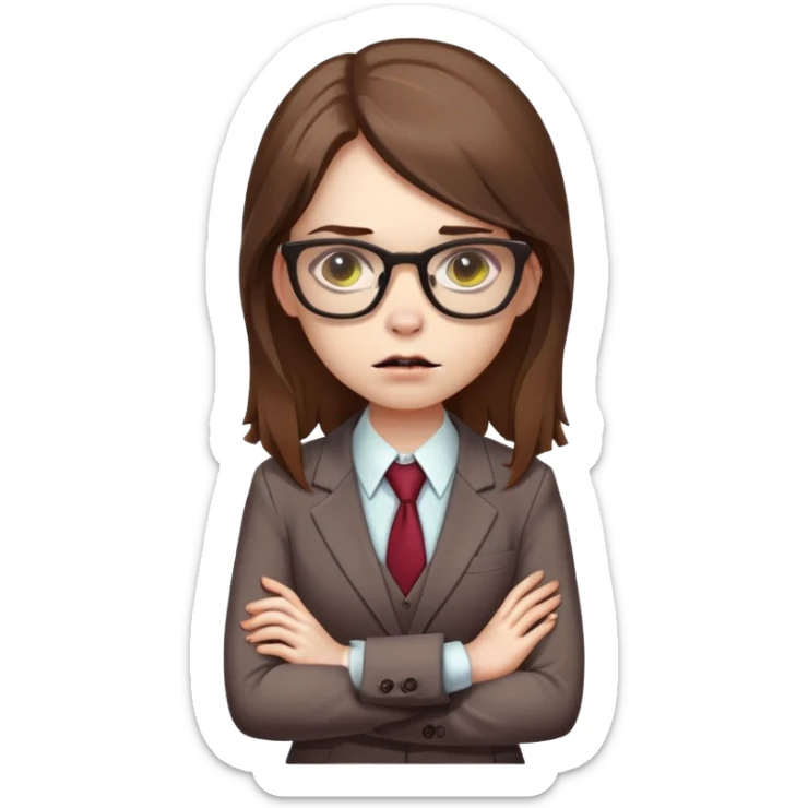 zombie girl with glasses, long brown hair, wearing a suit, arms crossed sticker