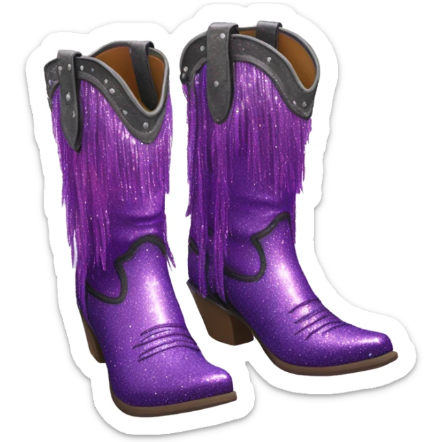 Realistic purple fashion cowgirl boots with sparly shiny glitter fringe on them. sticker