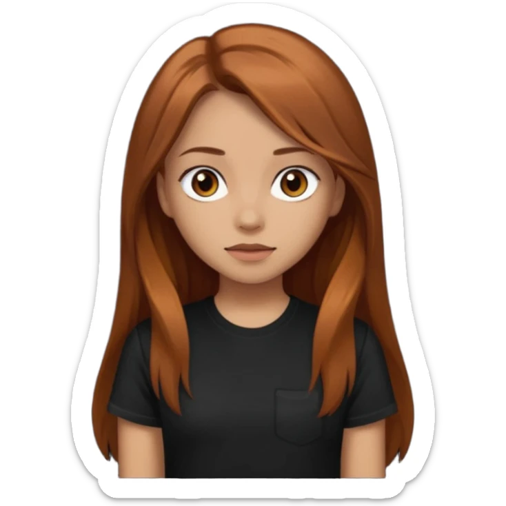 Medium copper brown long hair girl with dark brown eyes wearing a black tee sticker