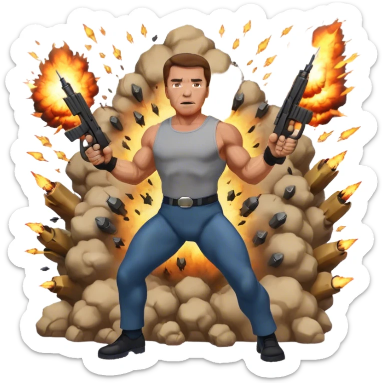 Icon for Action Movies: Arnold Schwarzenegger in the lead role, in an intense action pose with weapons, explosions, and dramatic background. The design should evoke the classic action movie feel with muscle-bound heroes and high-energy sequences. Transparent background. sticker