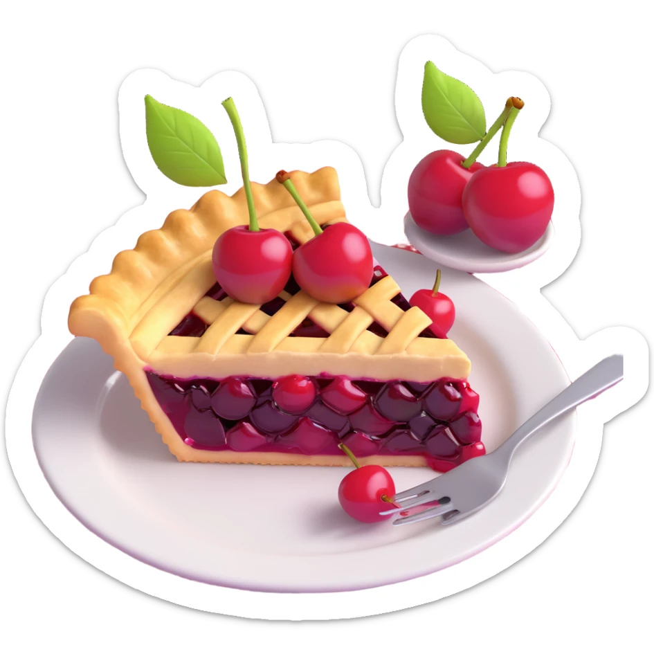 Exact copy of a slice of cherry pie with golden crust and glossy cherry topping, on a plate with a fork, two cherries in the background, same arrangement and details as reference, no text or watermark, checkered tablecloth background, in 3D iOS 18 emoji style. sticker