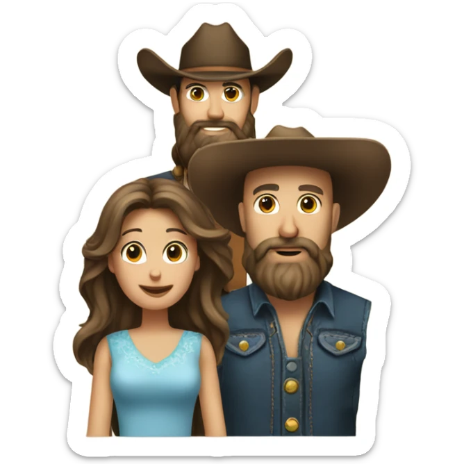 Bald bearded cowboy with long hair brunette wife and daughter sticker