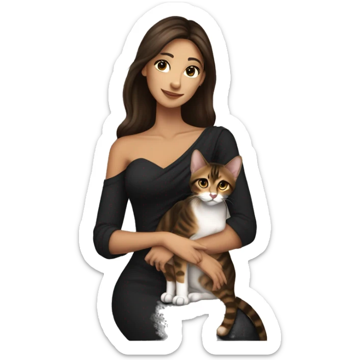 Beautiful skinny woman long dark brown hair in dark dress with earrings hug bengal cat sticker