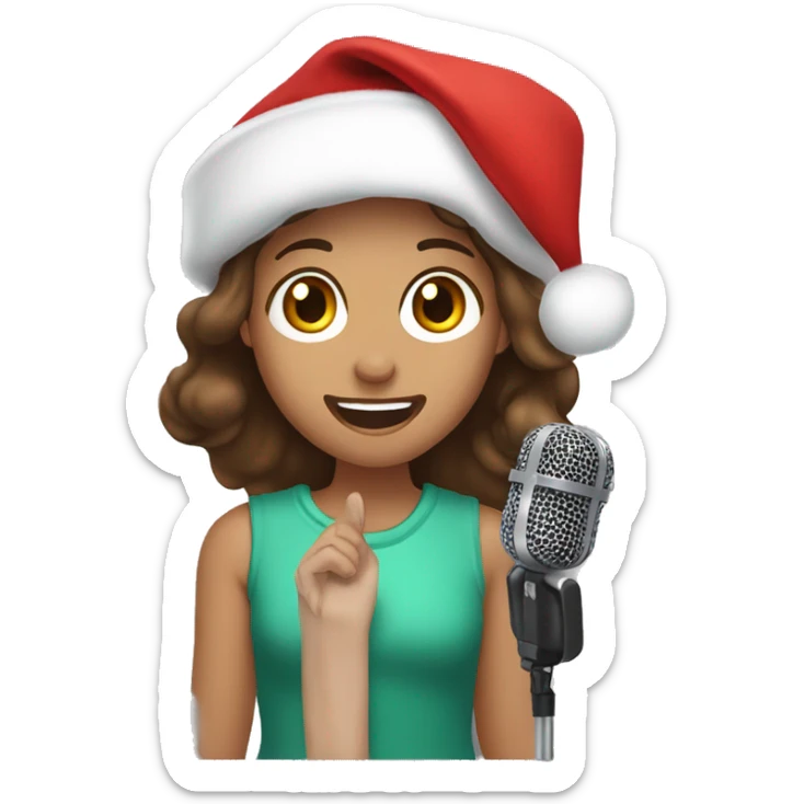 Girl with brown hair and brown eyes singing in a microphone with a Christmas hat on sticker