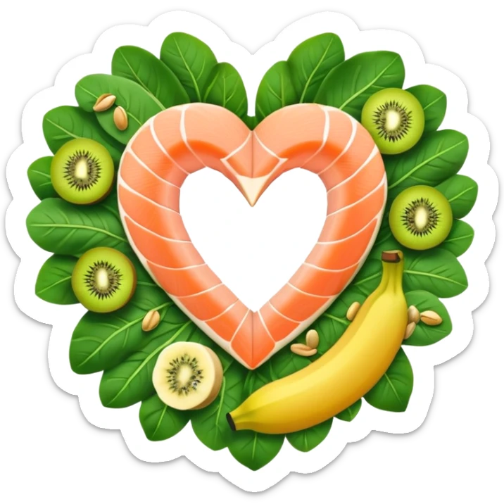 Banana, spinach leaves, salmon, kiwi, pistachios, and orange juice floating in a circle around a glowing heart that pulses with steady rhythm. Waves of electrical energy connect the foods to the heart, muscles, and nerve pathways, showing how potassium regulates fluid balance and electrical signals. sticker