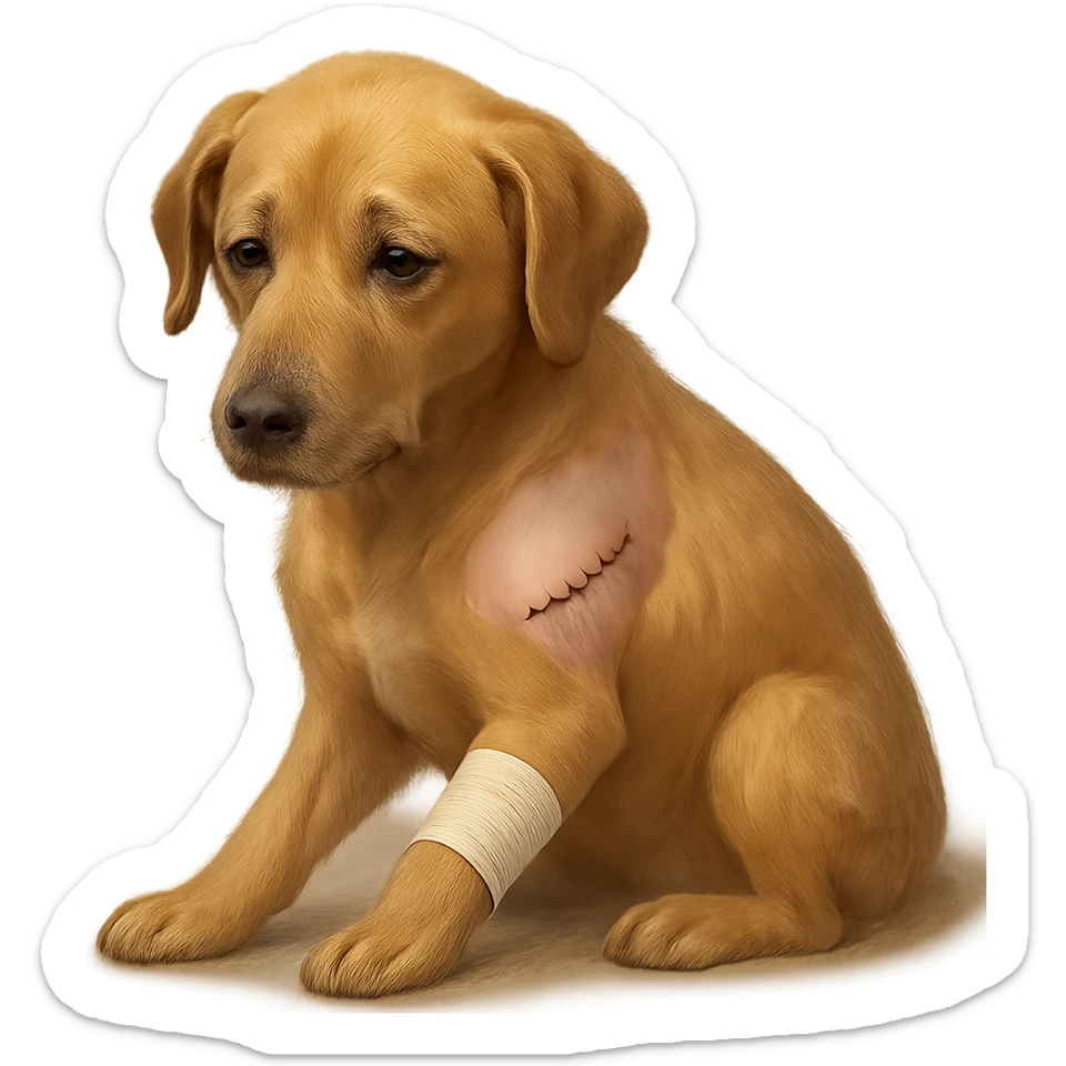 dog with a shaved patch and a bandage, looking tired, showing signs of recent surgery, gentle and caring atmosphere sticker