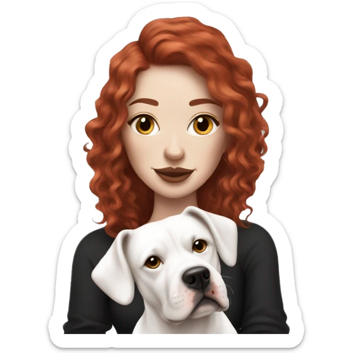 Long Red haired woman with septum piercing holding black and white English Staffordshire dog sticker