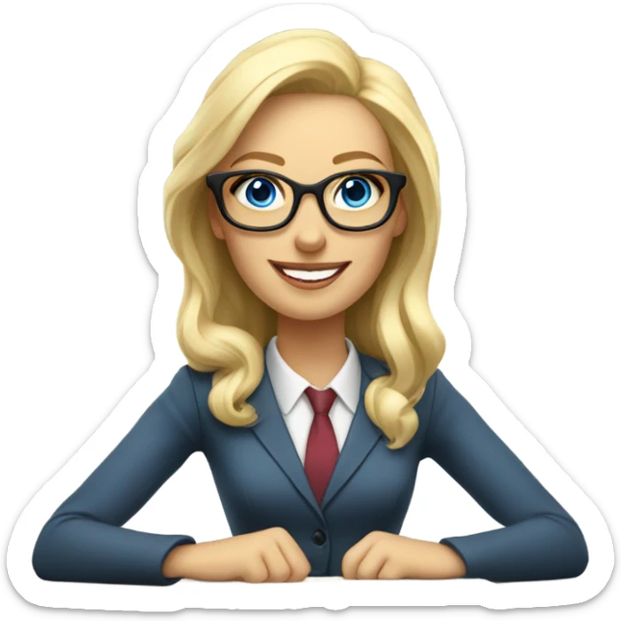 Corporate blonde boss lady with glasses happy blue eyes sitting at a desk sticker