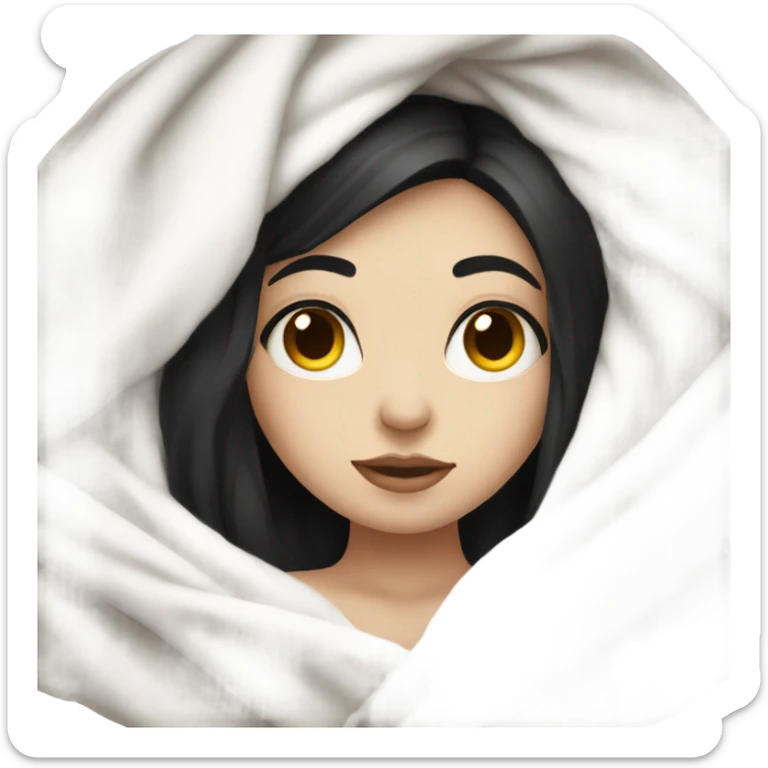 Pale Girl with black hair  laying down cozy in a white blanket sticker