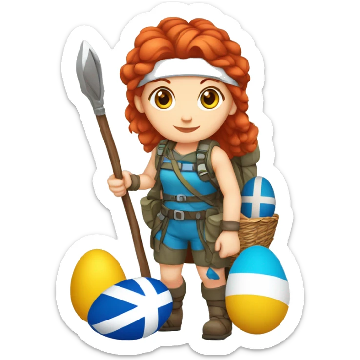 Greek Female winter mountaineer red hair white skin climbing with Greek Flag and Easter eggs basket sticker