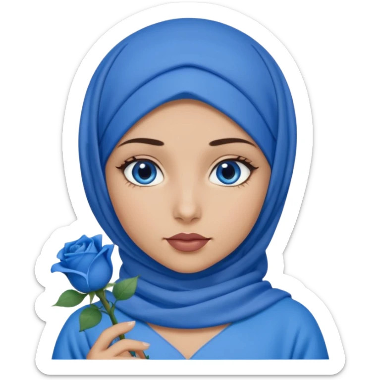Turkish beautiful finish Konya girl blue eyes with blue hijab islamic dress and had on her hand blue rose lipstick sticker