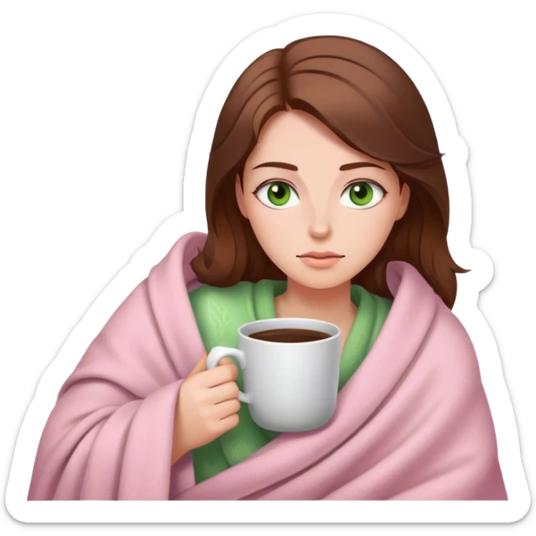 woman with very long brown hair and green eyes in a light pink blanket sleepy with coffee sticker
