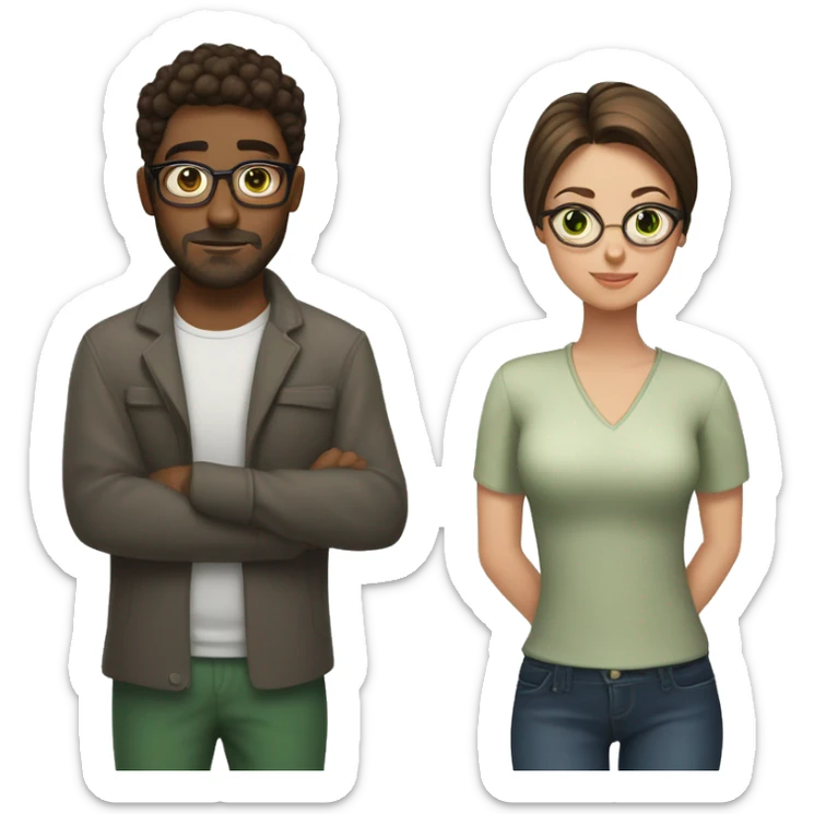 A girl with brunette hair up in a bun and brown eyes with glasses standing next to a guy with short brunette hair and green eyes with facial hair  sticker