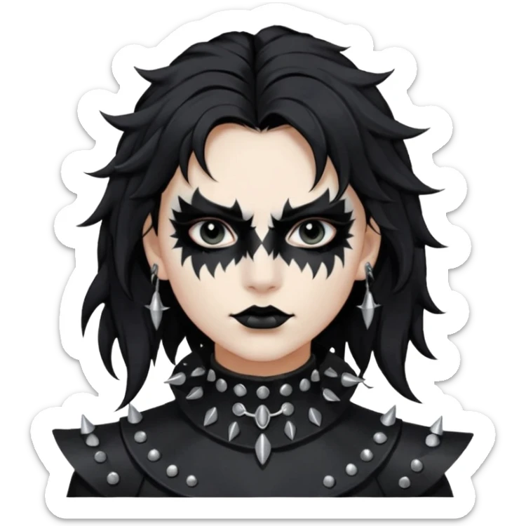 Crea una ragazza con stile black metal,  paint face black metal, capelli neri, mossi dalle spalle e occhi bianchi e un collare con borchie a punta sticker