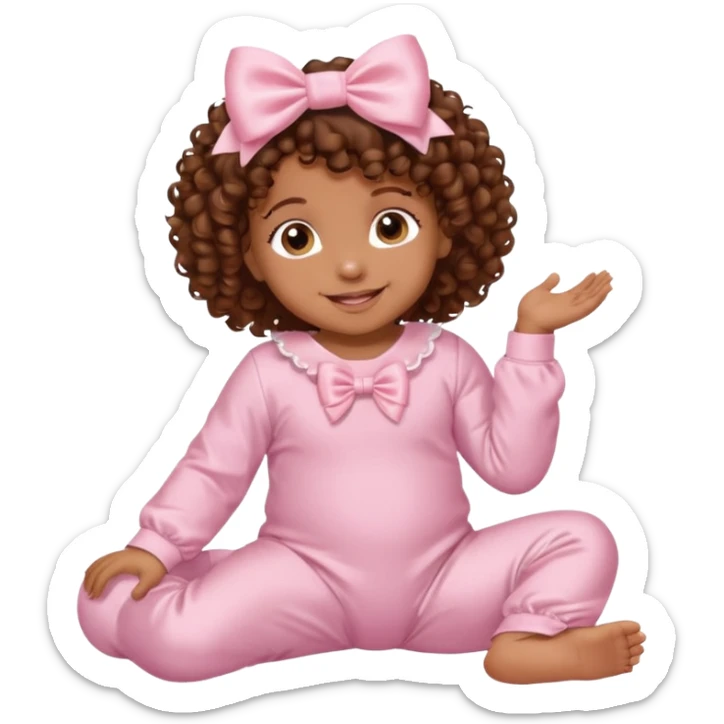 Brown skin 6 month old baby with brown curly hair down laying down smiling with satin baby pink onesie and white bow sticker