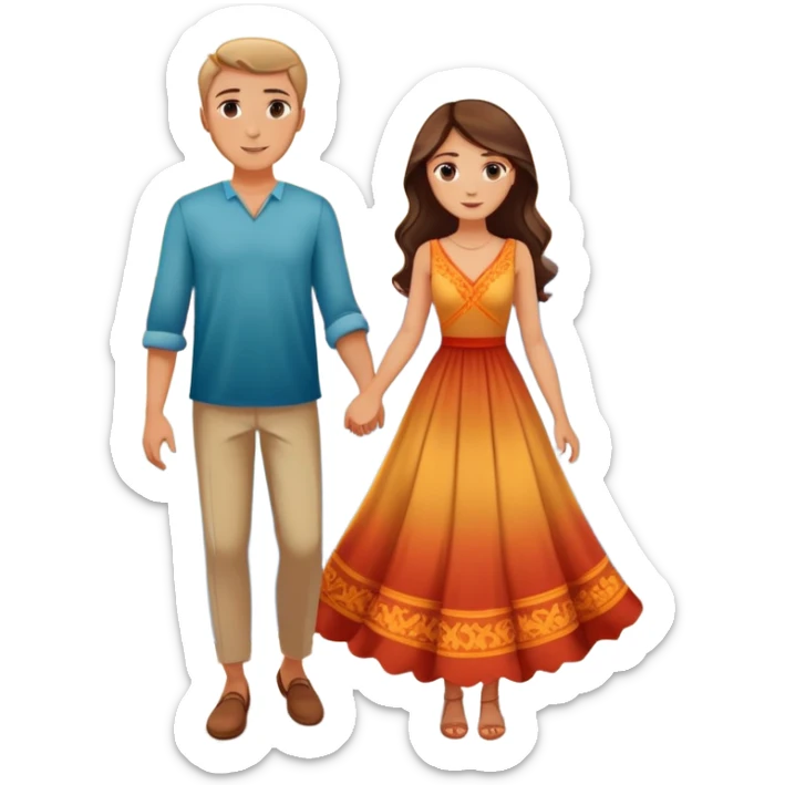 Elegant girl with a beautiful flowy dress and man together in Montenegro sunset holding hands  sticker