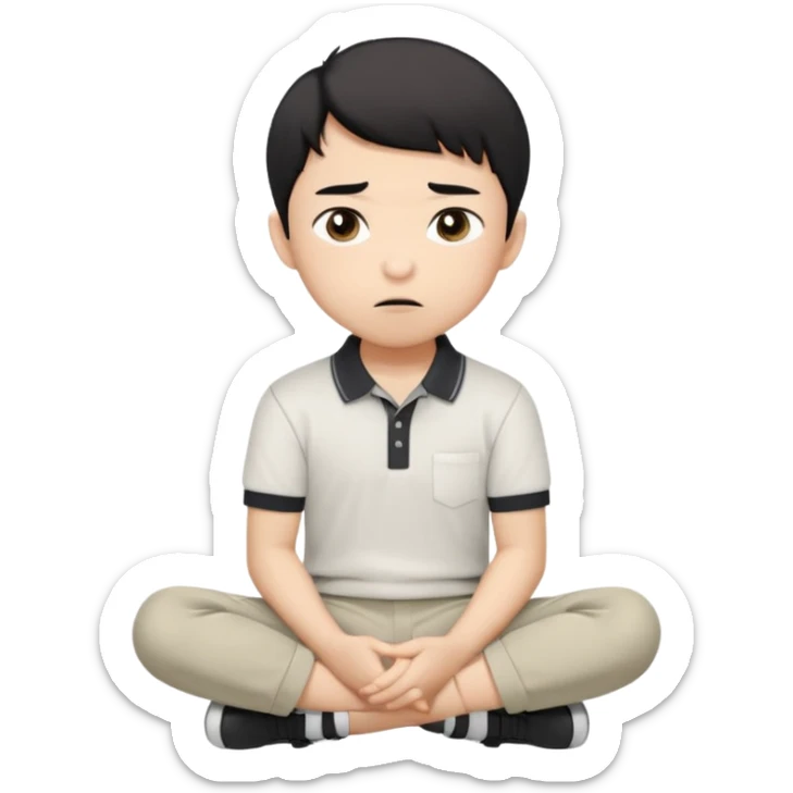 A cartoon young Asian boy with short black hair, light beige skin, and large expressive eyes, wearing a white polo shirt, gray pants, and black shoes. He sits cross-legged on the ground, one fist resting on his cheek, with a closed-mouth smirk. Clean lines, flat colors, solid black background. sticker