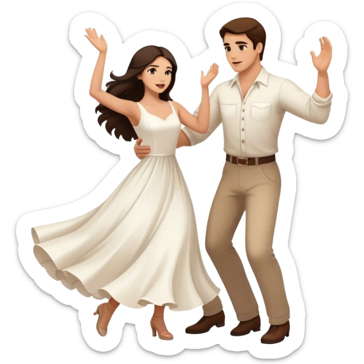 Beautiful woman in 1950’s woman fashion look, white dress, long dark brown hair, balboa couple dance, toss-out movement sticker