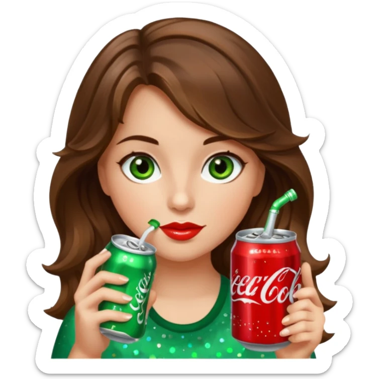 Girl with brown wavy hair green-brown eyes drinking a bedazzled Diet Coke  sticker