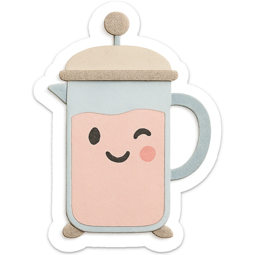 adorable French press winking, soft pastel tones, full body, hand-drawn paper craft style sticker