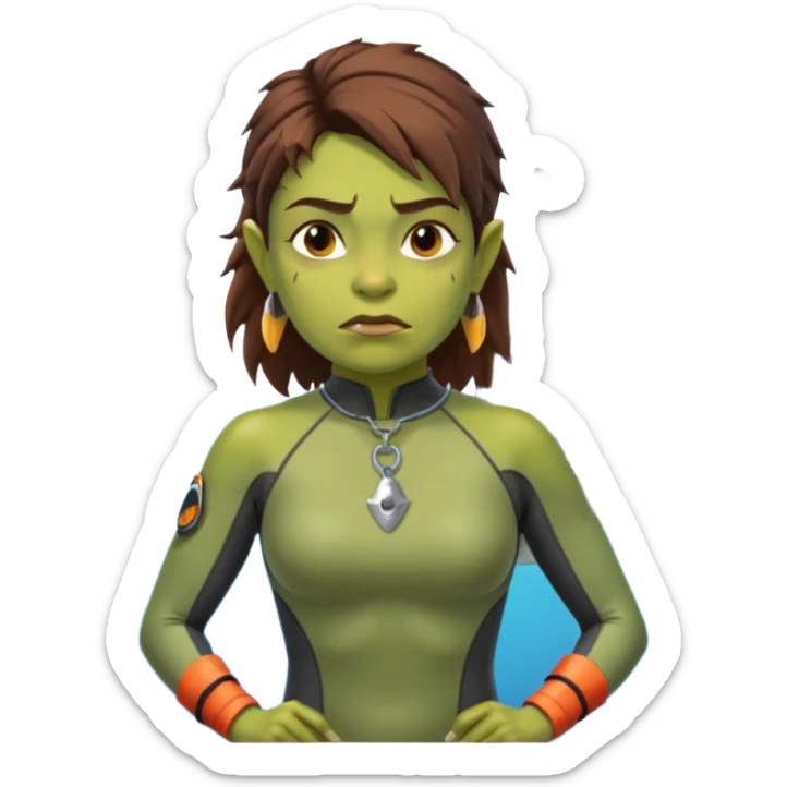 orc female in rescue tube, scanning horizon. Rash guard, shark tooth necklace sticker