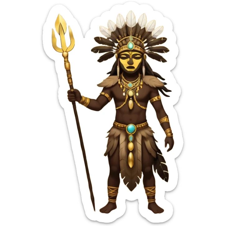 Tribal shaman silhouette gold realistic with staff and feathers, spiritual aura, sacred geometry glow behind, powerful stance sticker