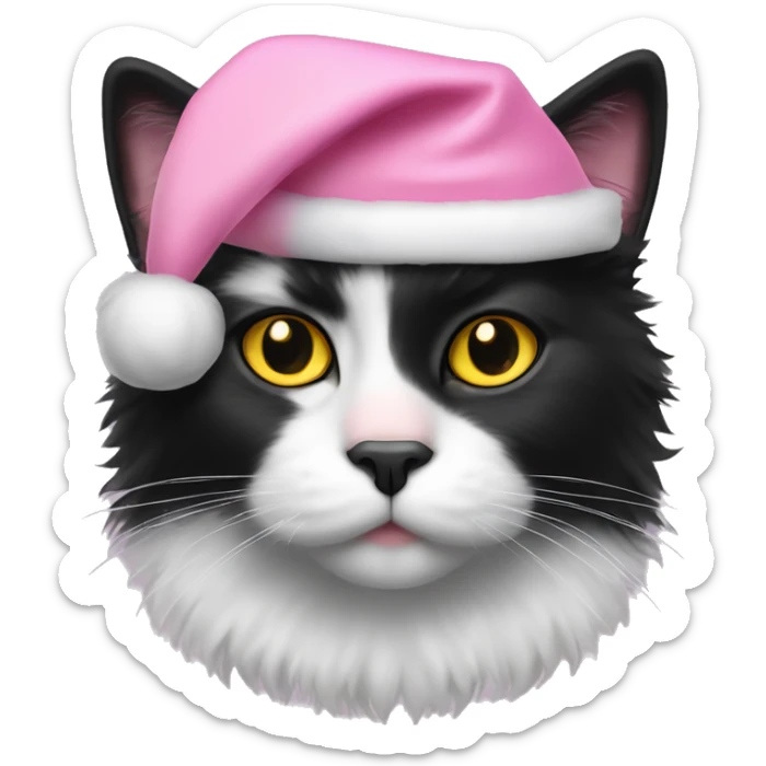 fluffy black tuxedo cat with yellow eyes, pink nose, and pink santa hat sticker