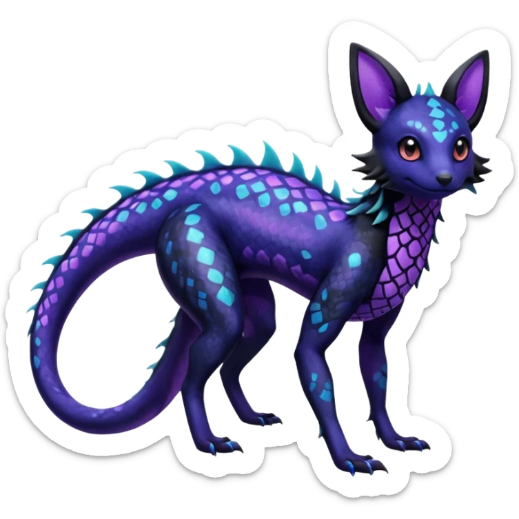 L Scaley Exotic Salandit-Aurorus-Umbreon-Fakémon-hybrid-creature (full body), 4 legs, with splash markings, with intricate details sticker
