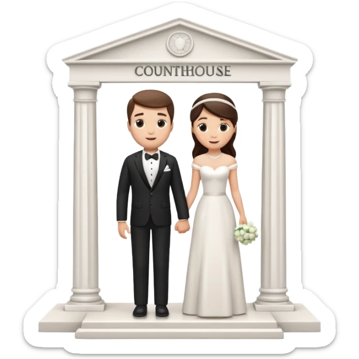 A 3D cartoon courthouse wedding venue with a bride and groom standing at the entrance, elegant white columns, soft natural lighting, simple modern decor, minimal background, realistic Memoji-style rendering. sticker