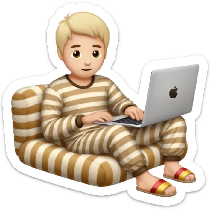 man in striped pajamas and fuzzy slippers typing on a laptop, emoji style sticker