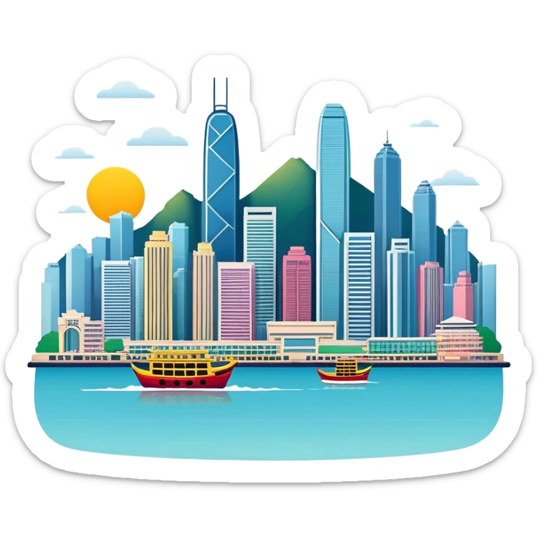 Hong Kong Victoria Harbor skyline, simplified emoji style with bold outlines and bright colors, cartoon style city view with tall buildings sticker