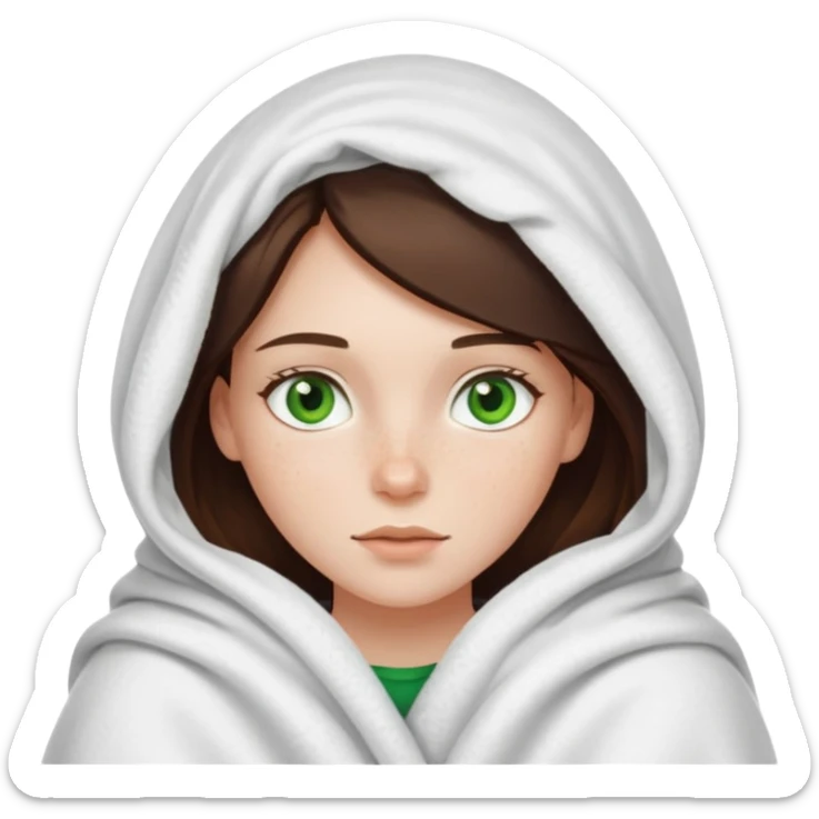 a white brunette girl with green eyes and freckles covered up in a blanket sticker