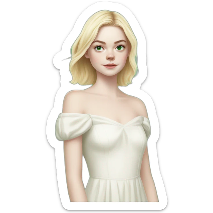 Elle Fanning with bare shoulder-length hair and a white dress, full green eyes and a closed mouth. sticker