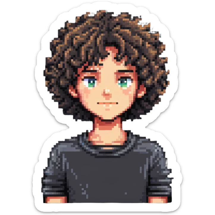 Teen boy character with curly hair, youthful face sticker