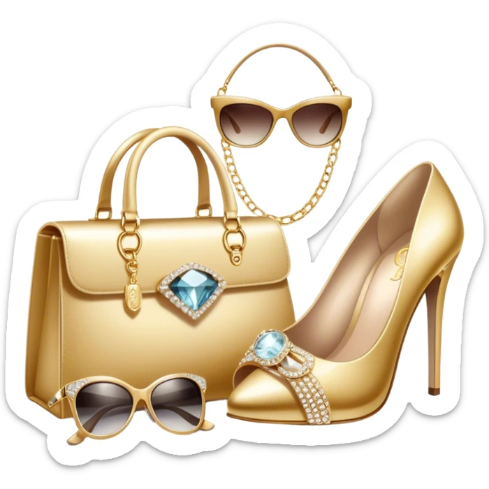 A photorealistic icon featuring luxurious fashion accessories like a high-end handbag, elegant high heels, a sparkling diamond necklace and a stylish pair of sunglasses. The design includes gold accents, soft lighting, and glamorous textures, fashion, and VIP luxury. Transparent background sticker