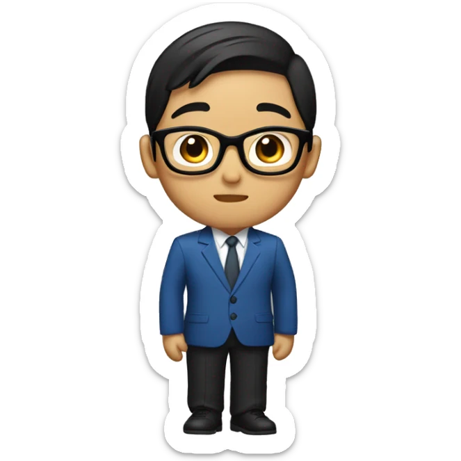 Asian boy with fair skin, short black 2:8 hair, wearing a blue suit and black glasses sticker