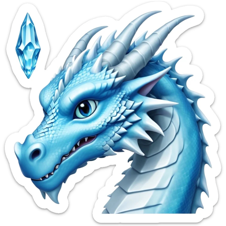 Cinematic Noble elegant Ice Dragon Portrait Emoji, Poised and imposing, distinct long elegant snout, with a slender, scaled body shimmering in glacial hues of icy blue, frostbitten silver, and crystalline white, breathing out frost, with piercing, glowing ice blue white eyes that radiate the chilling depths of an arctic storm; rendered in detail. sticker