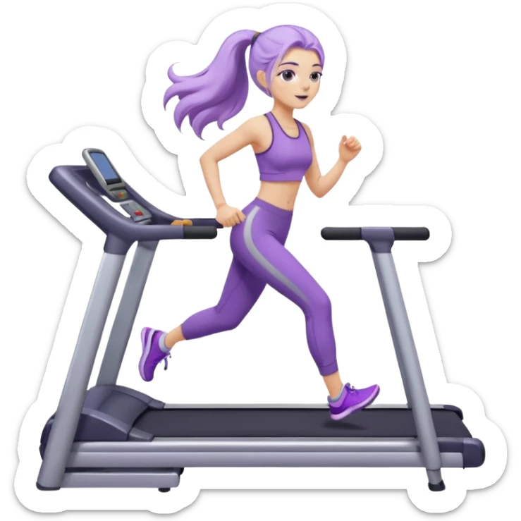 Девушка белокожая на беговой дорожке, с длинными светло-лиловыми волосами, в лиловом топе, в серых спортивных штанах, с черными ресницами sticker