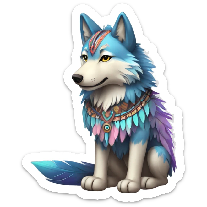 Fluffy Shy Colorful Spiritual Shamanic Wolf With Shiny Tribal Markings wearing feathers Full Body sticker