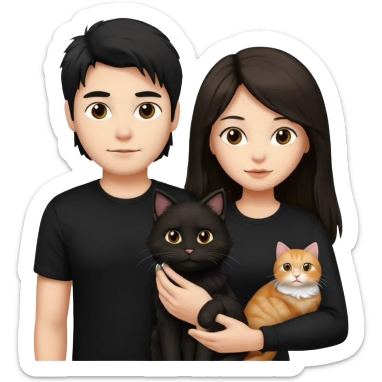 The man is wearing a black shirt and the women is wearing a black top and has longer hair. The cats fur  is lighter  sticker