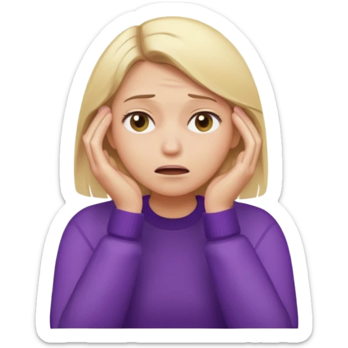 Emoji-style illustration of a frustrated young woman, smooth, shiny, perfectly styled blonde hair, wearing a purple sweater, holding her face in her hands, expressing annoyance and disappointment, cartoonish, expressive, simple lines, flat colors, clear silhouette sticker