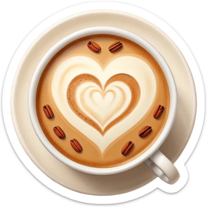 Top-down view of latte art in a heart shape, in a round pumpkin mug, with cinnamon sprinkle flecks. sticker