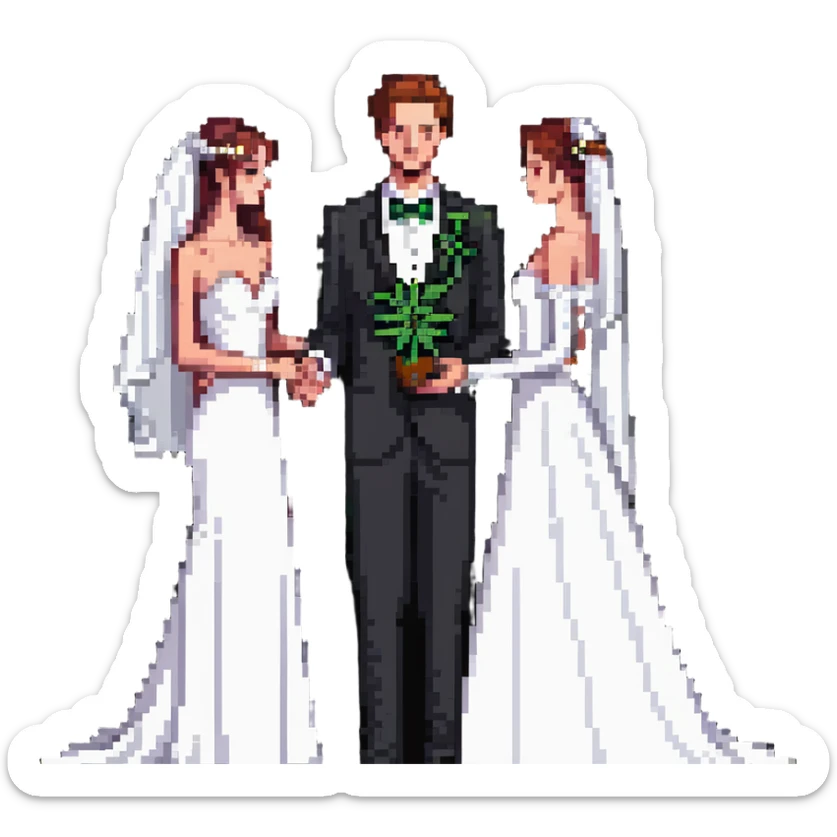 A bride in white wedding dress and groom in tuxedo, full body, sharing cannabis, wedding couple sticker