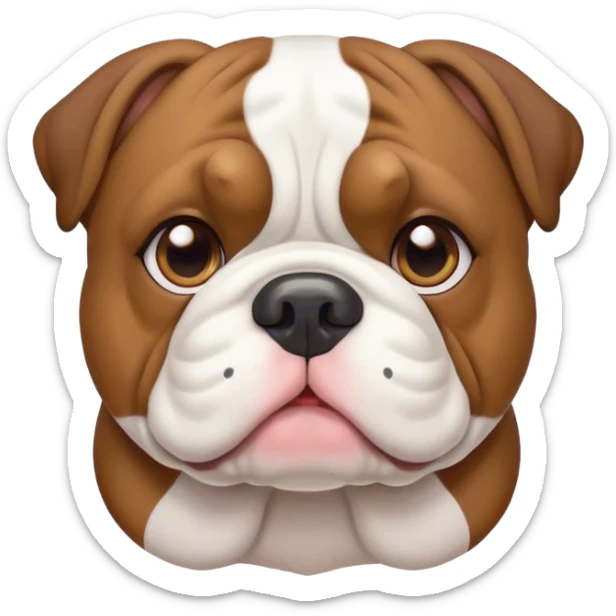 Cinematic Cute Brown and White English Bulldog Portrait Emoji, Head tilted playfully and inquisitively, featuring a glossy brown and white coat with distinct patches, round, sparkling brown eyes filled with curiosity, Simplified yet irresistibly adorable features, highly detailed, glowing with a warm, friendly glow, high shine, affectionate and charming, stylized with a touch of whimsy, bright and endearing, soft glowing outline, capturing the essence of a mischievous yet loving companion, so playful it feels like it could bound out of the screen and into your arms! sticker