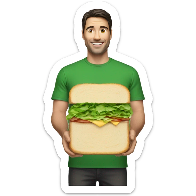 A white man with dark hair in green t-shirt holding a long small sandwich sticker
