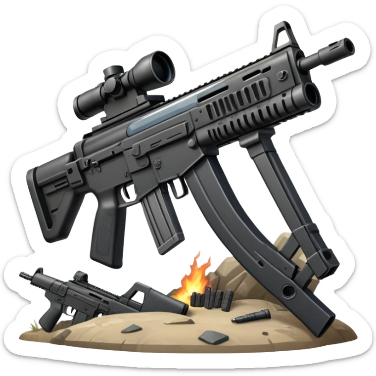 An icon showing hands gripping an assault rifle or pistol, inspired by Call of Duty Modern Warfare 2. The background features a battlefield with enemies in the distance, creating a tense and action-packed atmosphere. Transparent background highlights the focus on the weapon and combat. sticker