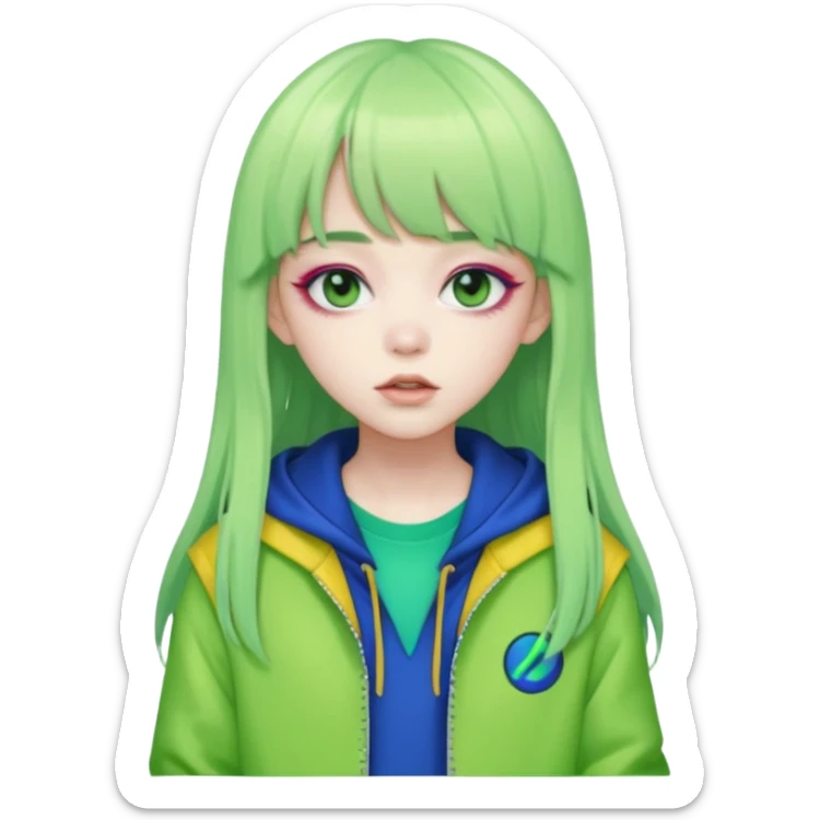  portrait-of-a-green alien-k-pop-idol,-wearing-a-stylish-streetwear-outfit-with-layered-colorful-clothing,-long-hair-with-bangs,-makeup,- sticker