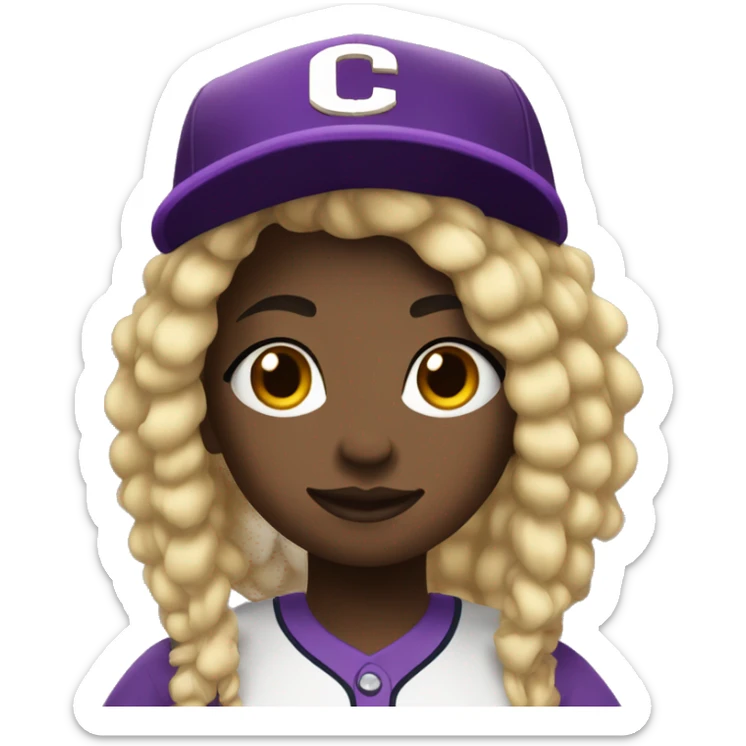baseball card character. black girl. blonde locs. letter C logo. Purple and white uniform.  sticker